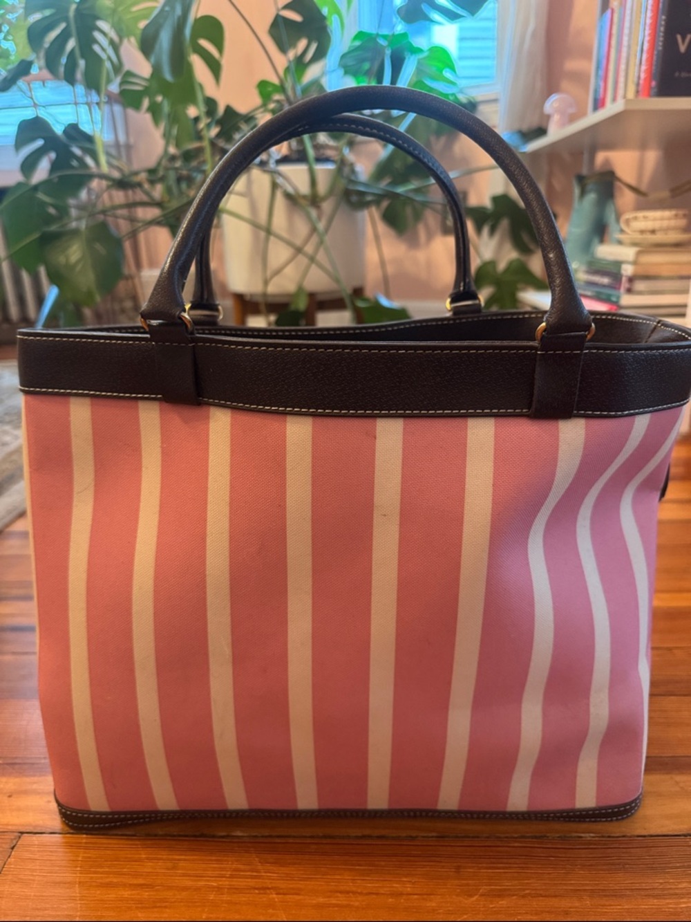Estee Lauder Pink and White Striped Tote with Dark Brown Trim